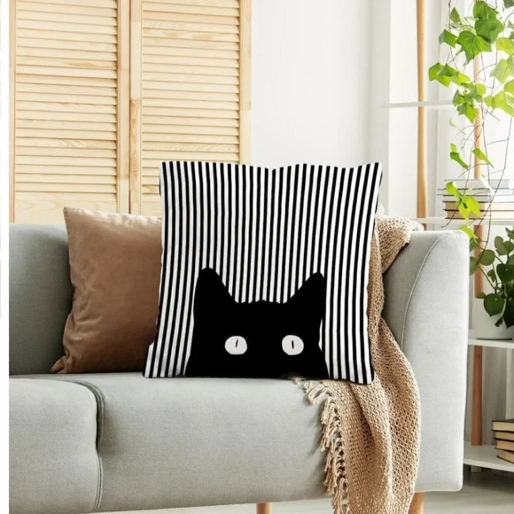 Cat Theme Pillow Cover Zippered Decorative Square Black White 17.7 in X 17.7 in